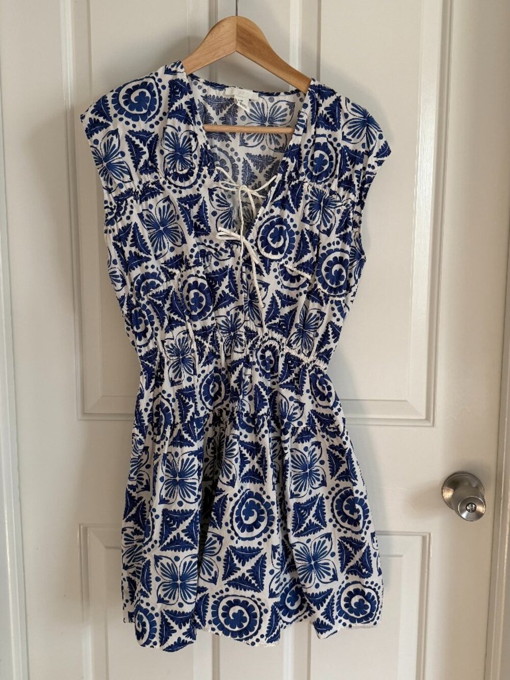 H&M Blue and White Tile Patterned Fit & Flare Mini Dress, Size Small